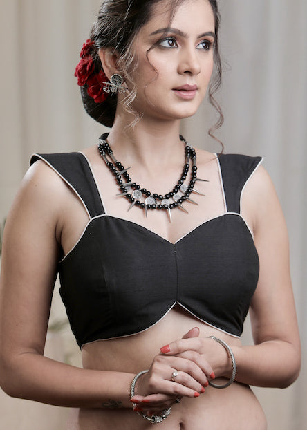 Stylish Black Cotton Silk Padded Blouse With white Piping