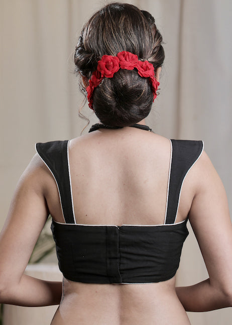 Stylish Black Cotton Silk Padded Blouse With white Piping