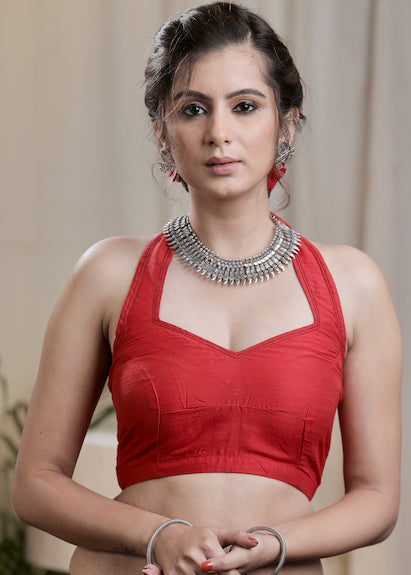 Stylish Red Halter Neck Cotton Silk Back Open Padded Blouse