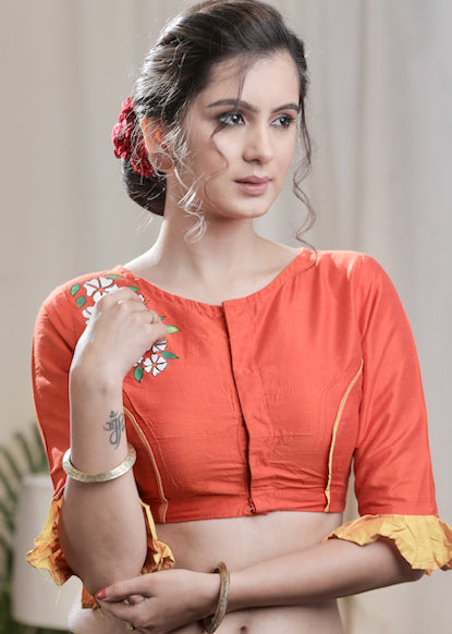 Orange Cotton Silk Blouse with Exclusive Hand-painting and Elbow lengt Sujatra Orange Cotton Silk Blouse with Exclusive Hand-painting and Elbow lengt Sujatra