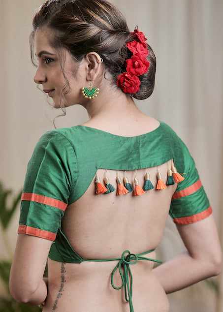 Green Cotton Silk Padded Blouse with open Back and Tassles