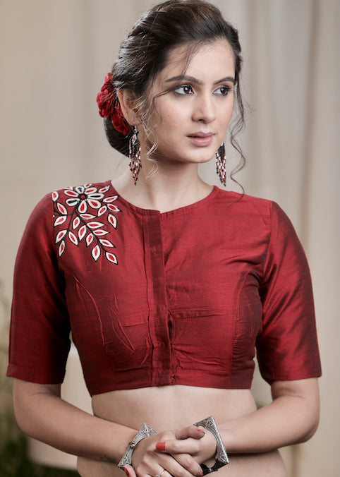 Maroon Cotton Silk Blouse With lining and Exclusiv e Front and Back Embroidery and Bow.Lining Given