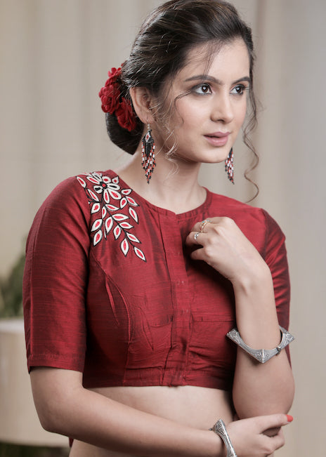 Maroon Cotton Silk Blouse With lining and Exclusive Front and Back Embroidery and Bow ,Lining Given