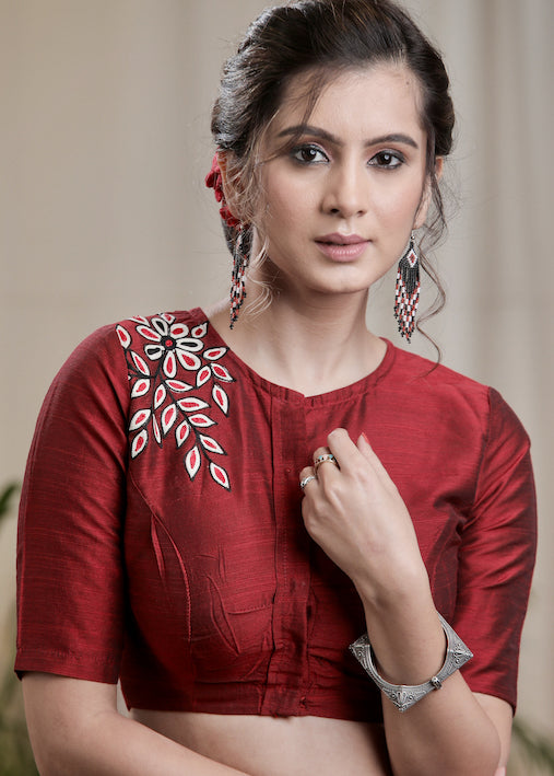 Maroon Cotton Silk Blouse With lining and Exclusive Front and Back Embroidery and Bow ,Lining Given