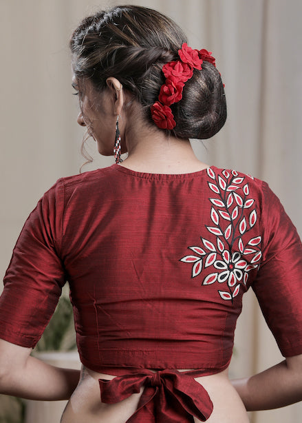 Maroon Cotton Silk Blouse With lining and Exclusiv e Front and Back Embroidery and Bow.Lining Given