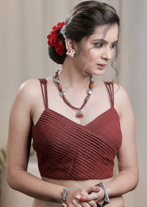 Trendy Maroon Pin Tuck Handloom Cotton Blouse. Lining Given