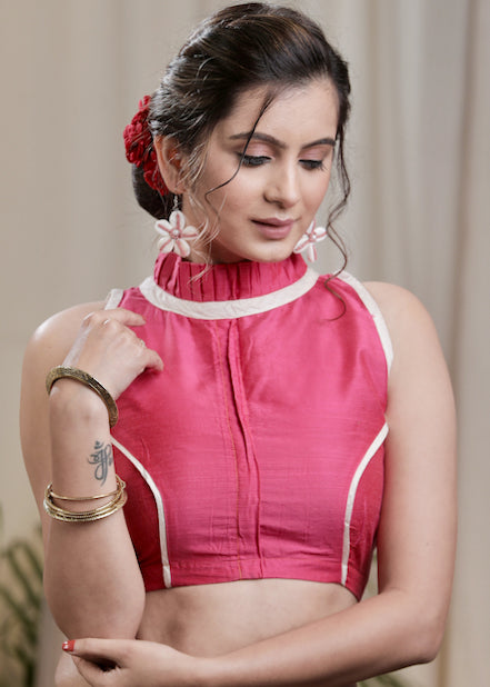 Pink Cotton Silk Back Open Designer Blouse with off white Piping