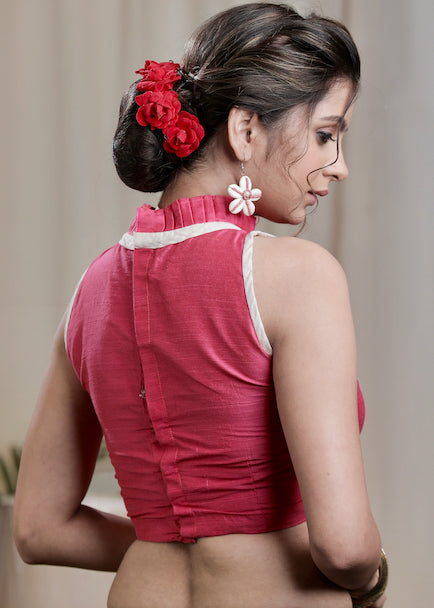 Pink Cotton Silk Back Open Designer Blouse with off white Piping
