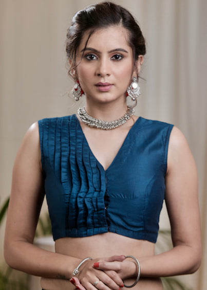 Peacock Blue Cotton silk Pin Tucked Designer Blouse