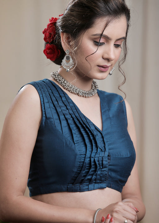 Peacock Blue Cotton silk Pin Tucked Designer Blouse