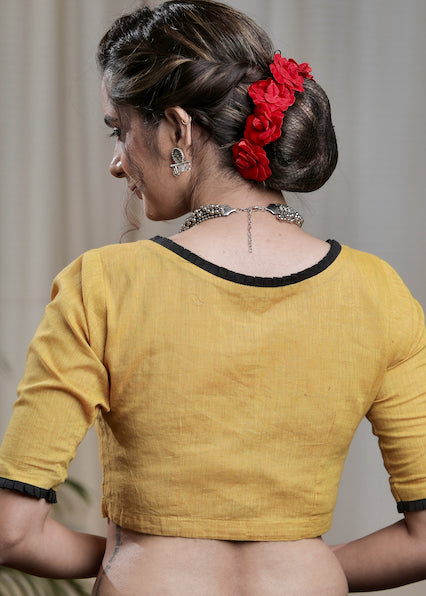 Mustard Yellow Cotton Handloom Blouse with wooden Button .Lining Given