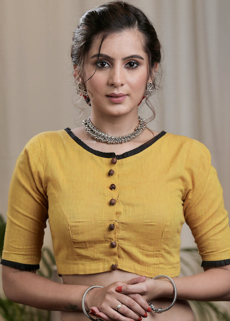 Mustard Yellow Cotton Handloom Blouse with wooden Button .Lining Given