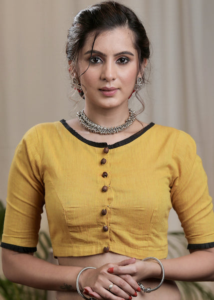 Mustard Yellow Cotton Handloom Blouse with wooden Button .Lining Given