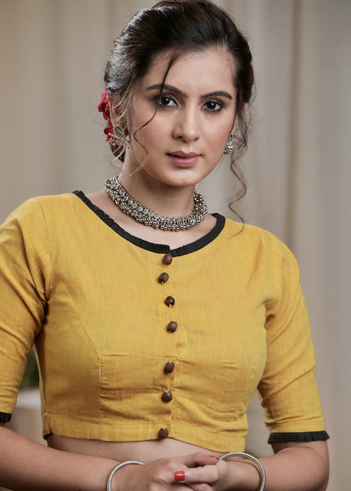 Mustard Yellow Cotton Handloom Blouse with wooden Button .Lining Given