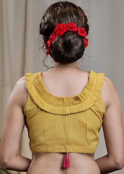 Mustard Yellow Handloom Cotton Designer Blouse with Pleated Back