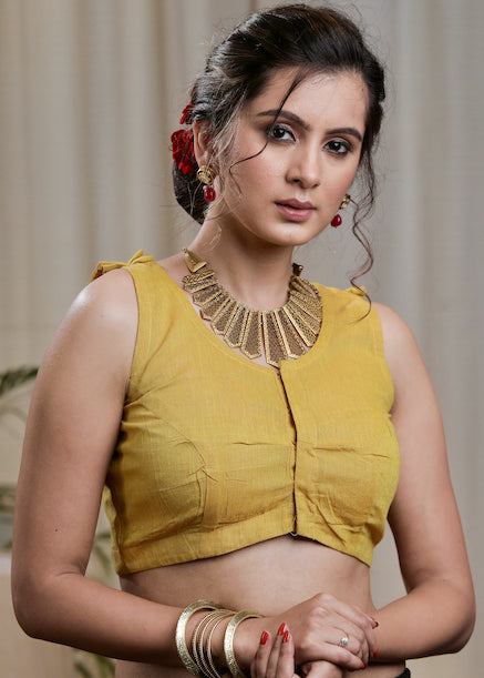 Mustard Yellow Handloom Cotton Designer Blouse with Pleated Back