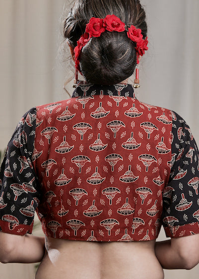 Stylish Red and Black Cotton Ajrakh Combination Blouse