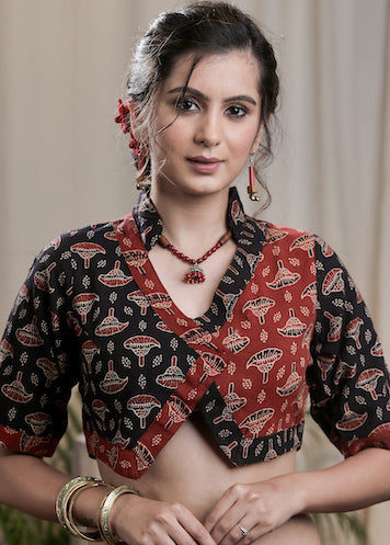 Stylish Red and Black Cotton Ajrakh Combination Blouse