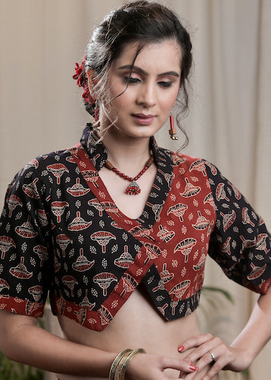 Stylish Red and Black Cotton Ajrakh Combination Blouse