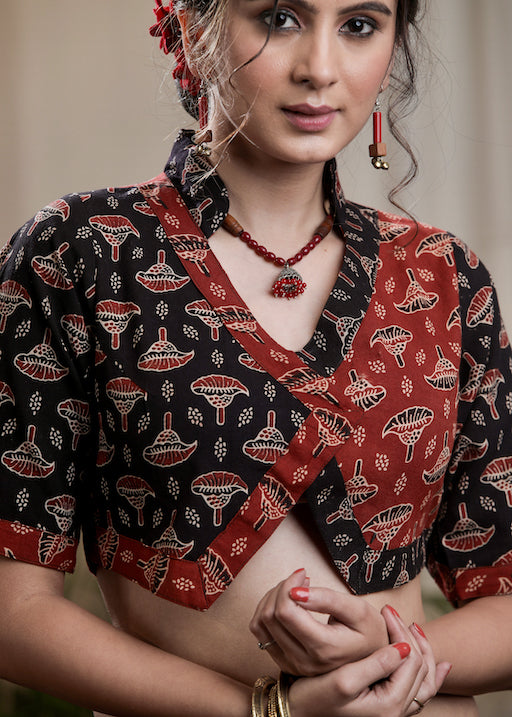 Stylish Red and Black Cotton Ajrakh Combination Blouse