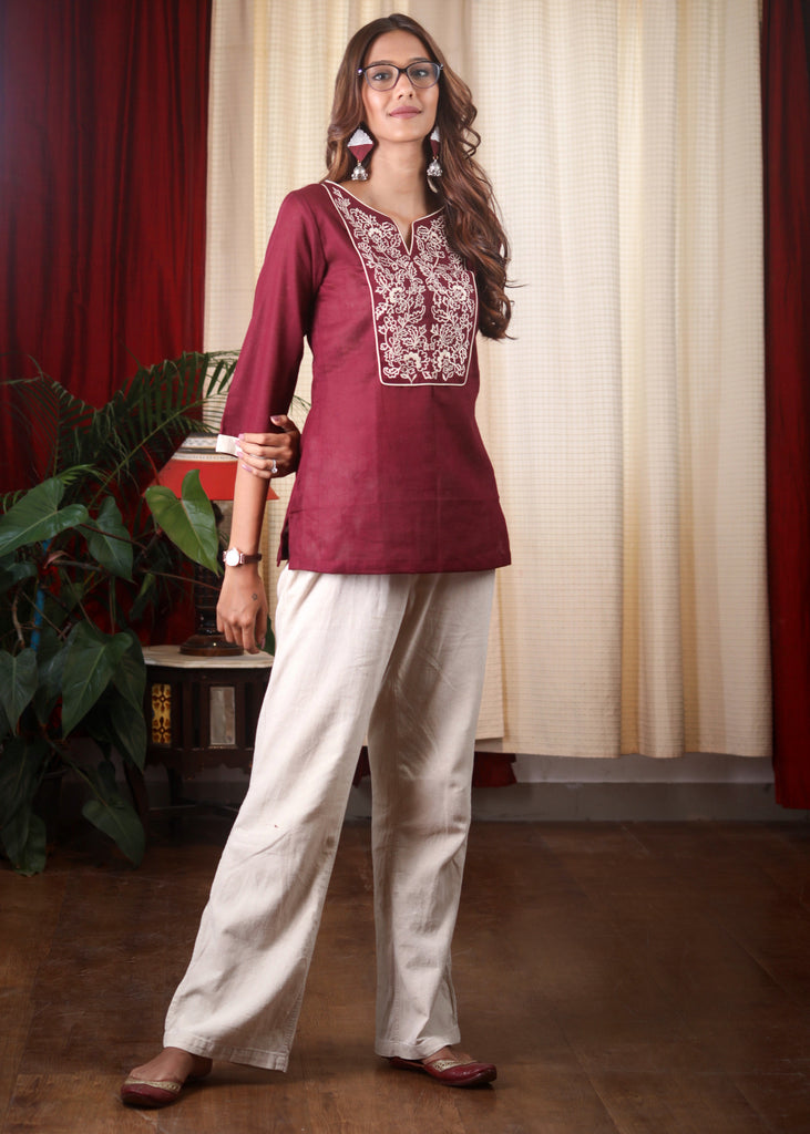 Elegant Embroidered Wine Cotton Top