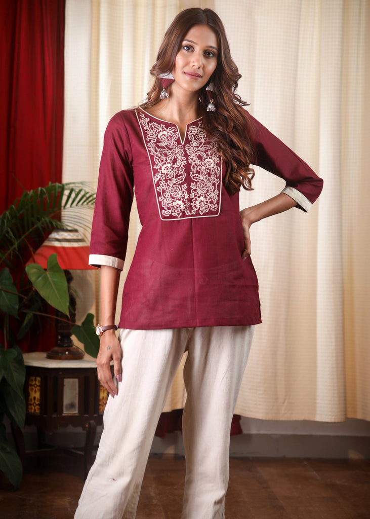 Elegant Embroidered Wine Cotton Top