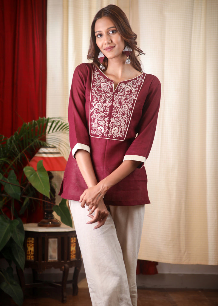 Elegant Embroidered Wine Cotton Top