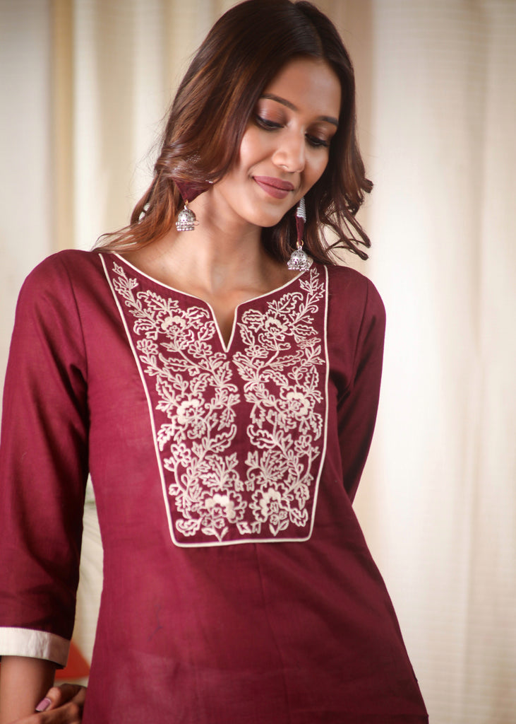 Elegant Embroidered Wine Cotton Top