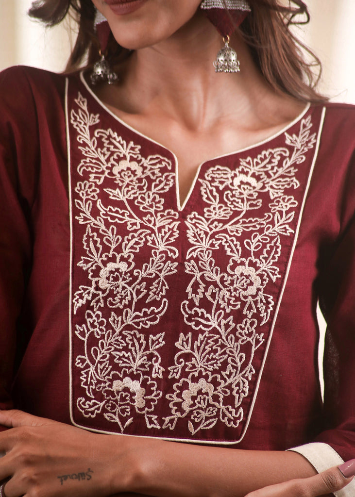 Elegant Embroidered Wine Cotton Top
