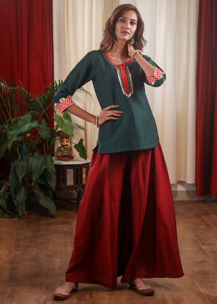 Forest Green Cotton silk Zardosi Hand Embroidered  Top