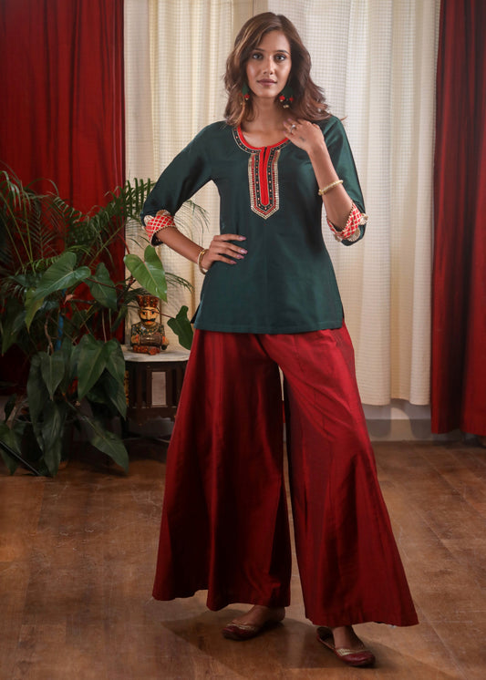 Forest Green Cotton silk Zardosi Hand Embroidered Top