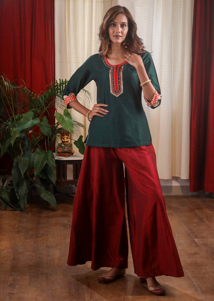 Forest Green Cotton silk Zardosi Hand Embroidered  Top