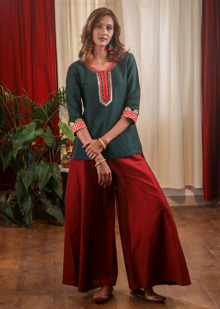Forest Green Cotton silk Zardosi Hand Embroidered  Top