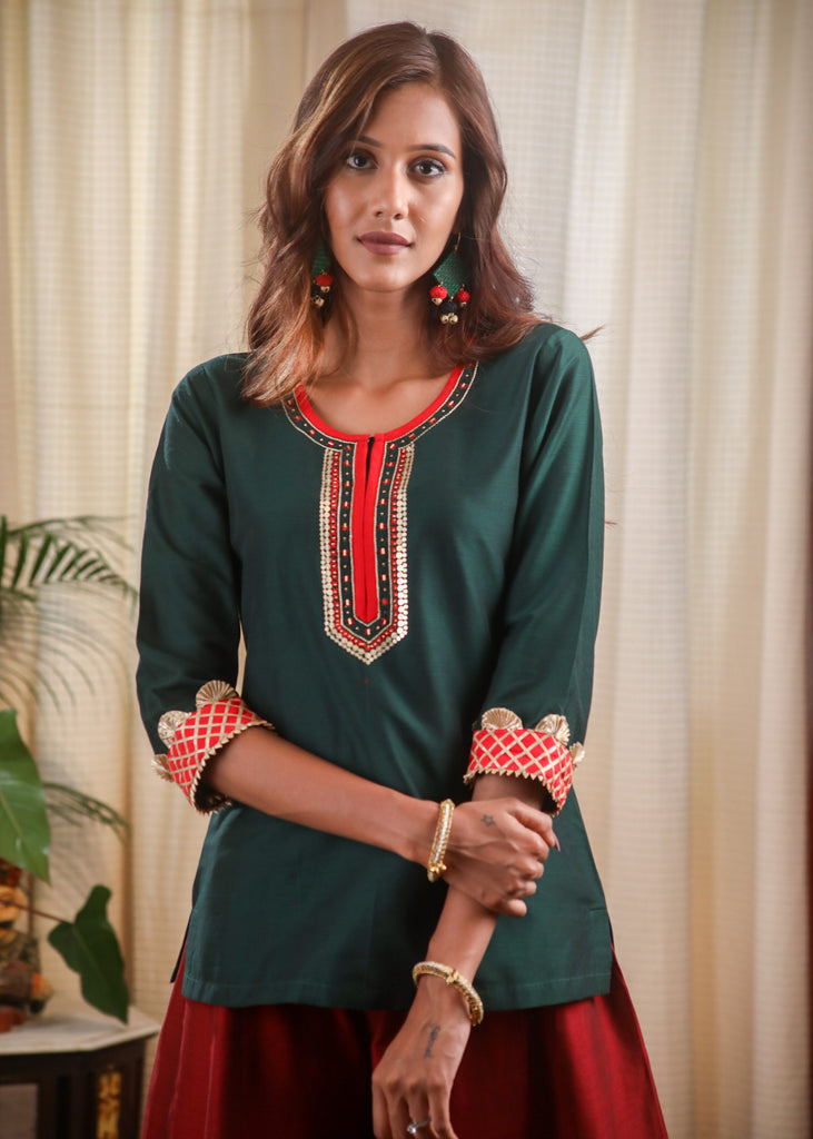Forest Green Cotton silk Zardosi Hand Embroidered  Top