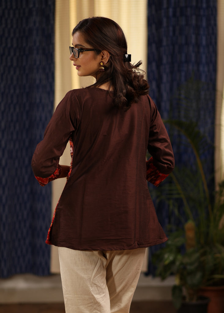 Exclusive Ikat & hand painted gond tribal art combination top