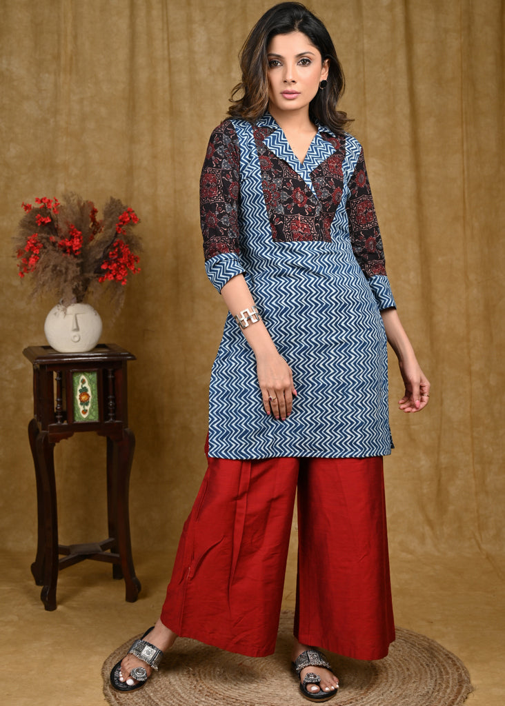 Stylish Striped Indigo Ajrakh Combination Collared Tunic