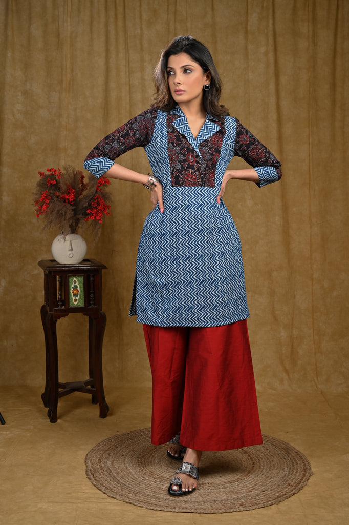 Stylish Striped Indigo Ajrakh Combination Collared Tunic