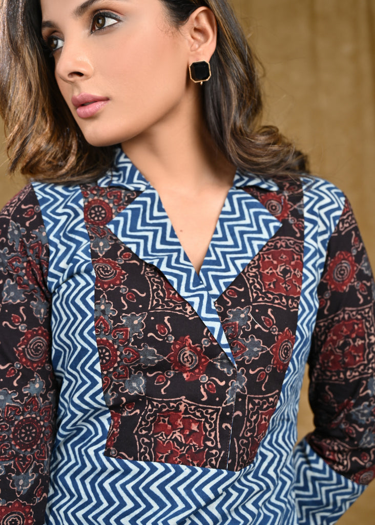 Stylish Striped Indigo Ajrakh Combination Collared Tunic