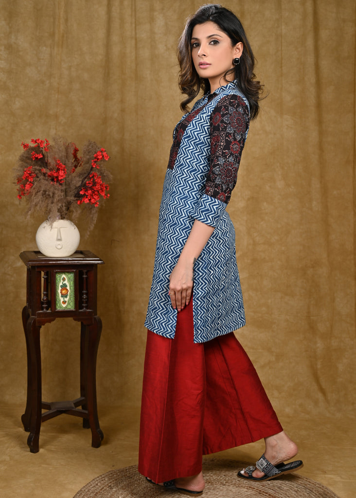 Stylish Striped Indigo Ajrakh Combination Collared Tunic