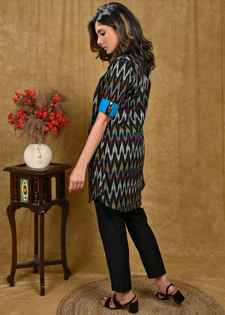 Black Multicolor Ikat with Blue Cotton Detailing & shell Buttons