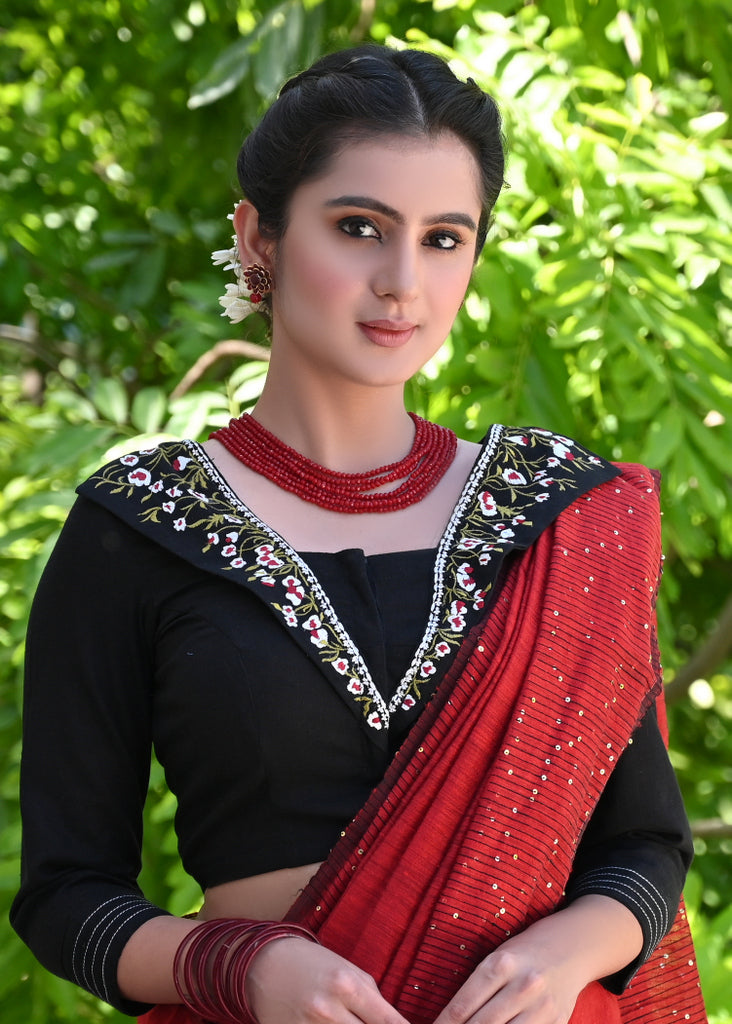 Stlyish Black Cotton Blouse with Floral Embroidery on the Collar