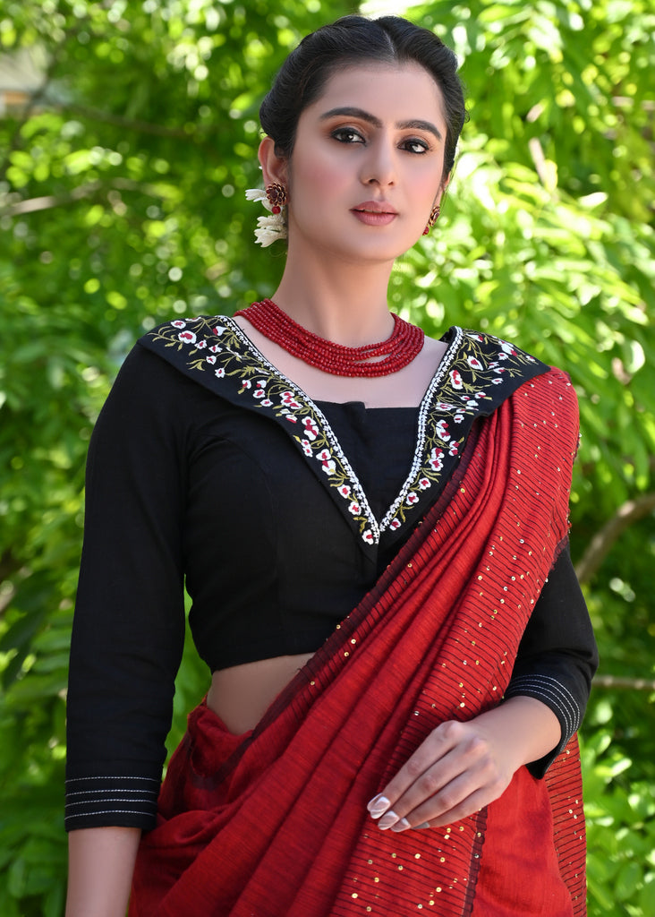 Stlyish Black Cotton Blouse with Floral Embroidery on the Collar
