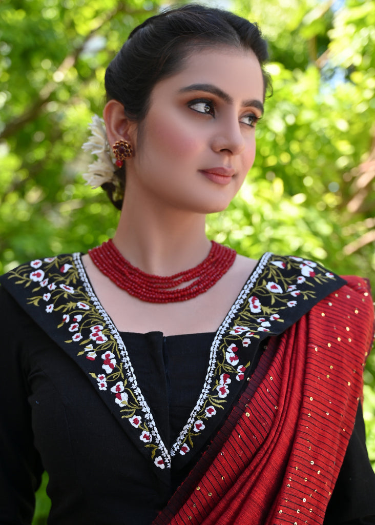 Stlyish Black Cotton Blouse with Floral Embroidery on the Collar