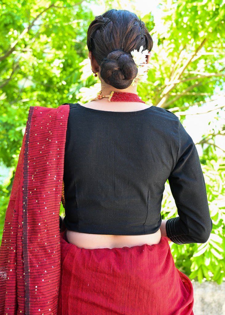 Stlyish Black Cotton Blouse with Floral Embroidery on the Collar