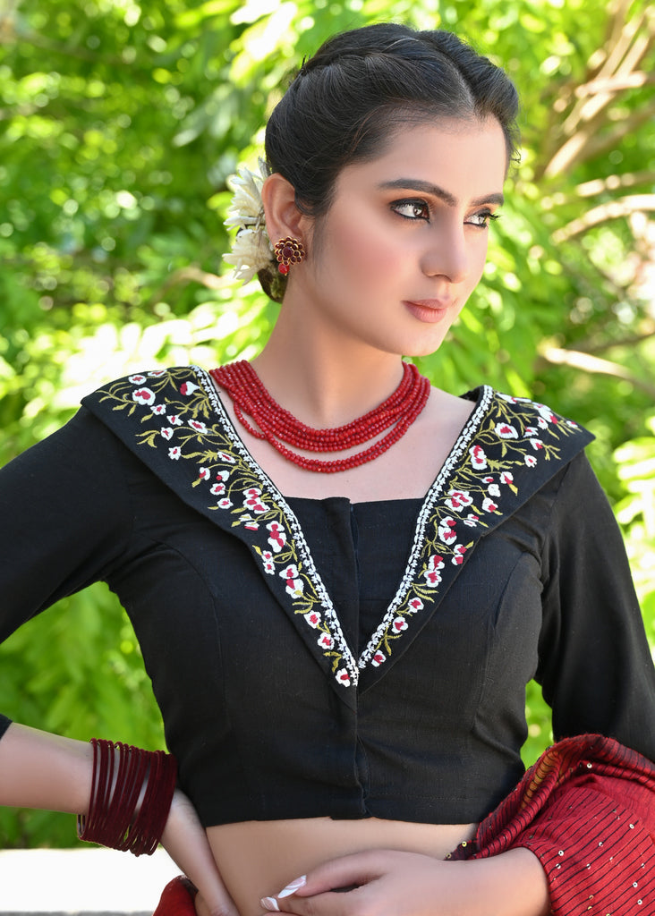 Stlyish Black Cotton Blouse with Floral Embroidery on the Collar