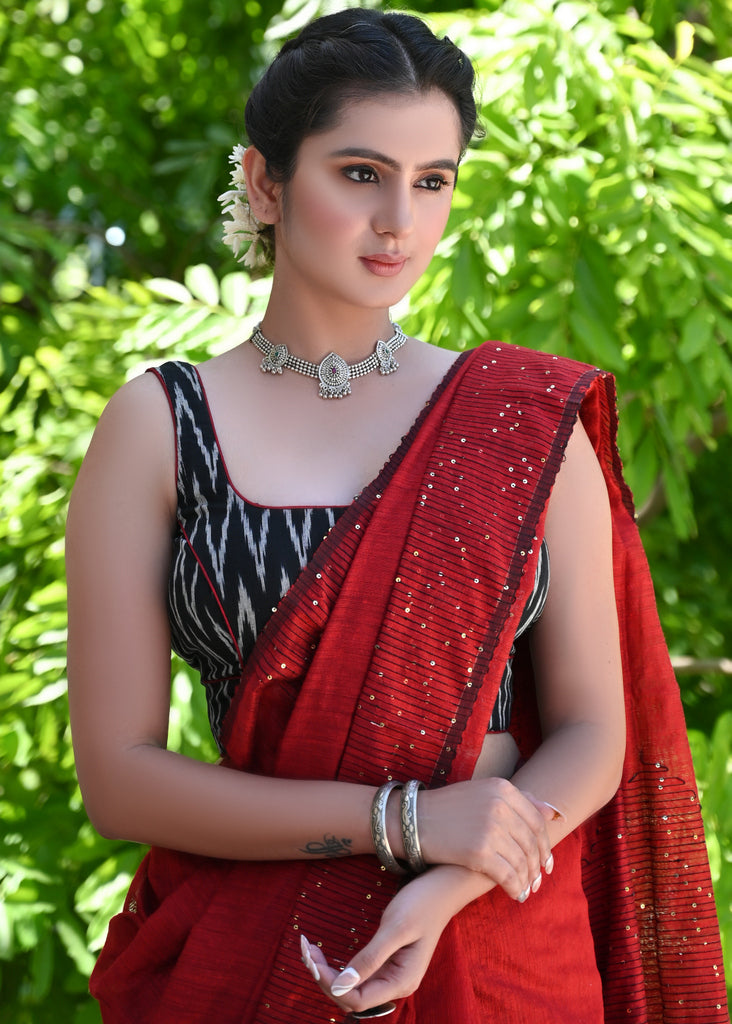 Smart Black Ikat Sleeveless Blouse with Red Detailing