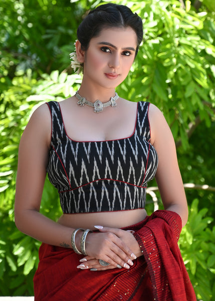 Smart Black Ikat Sleeveless Blouse with Red Detailing