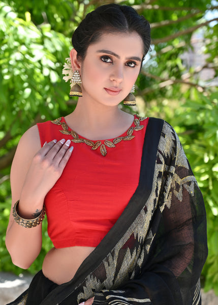 Red Cotton Silk Blouse with Delicate Hand Embroidery and Fisheye Back