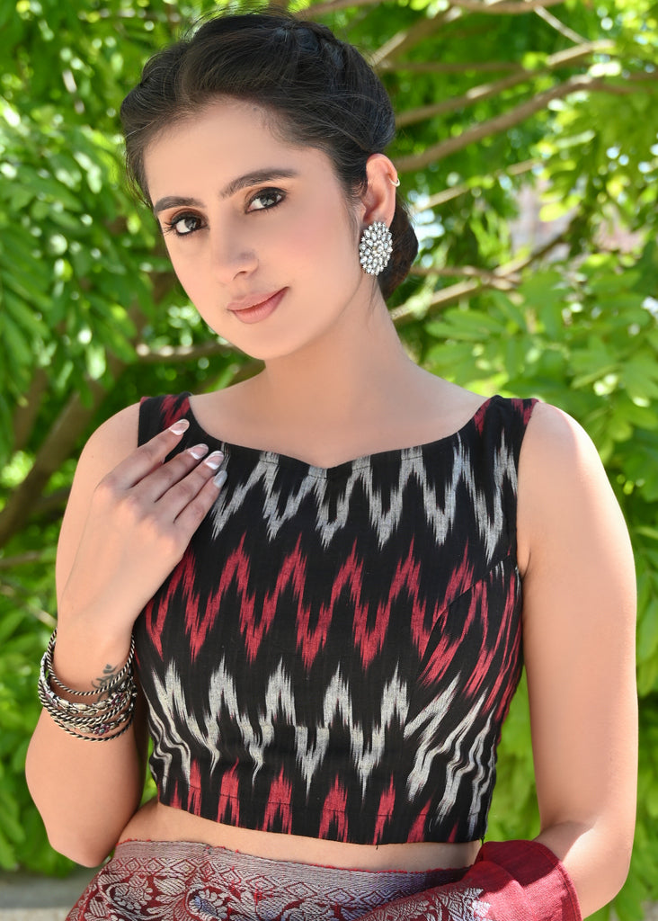 Stylish Black, Red and White Ikat Sleeveless Blouse