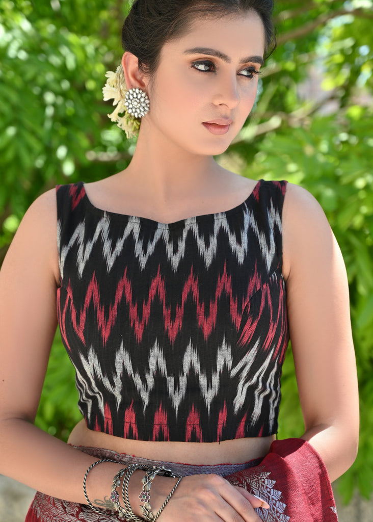 Stylish Black, Red and White Ikat Sleeveless Blouse